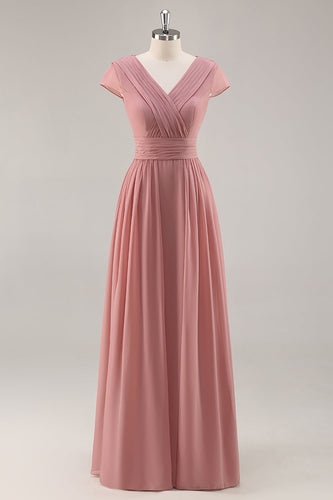 Dusty Rose V-ringad rynkad chiffong lång brudtärna klänning med drapering