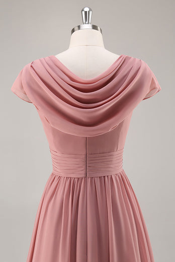 Dusty Rose V-ringad rynkad chiffong lång brudtärna klänning med drapering