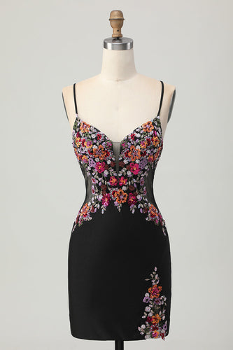 Svart Bodycon Blomma Spaghetti Remmar Mini Homecoming Klänning