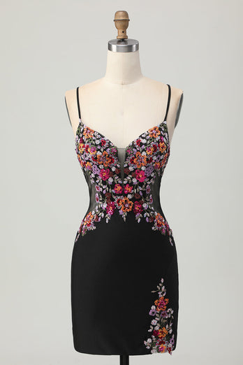 Svart Bodycon Blomma Spaghetti Remmar Mini Homecoming Klänning