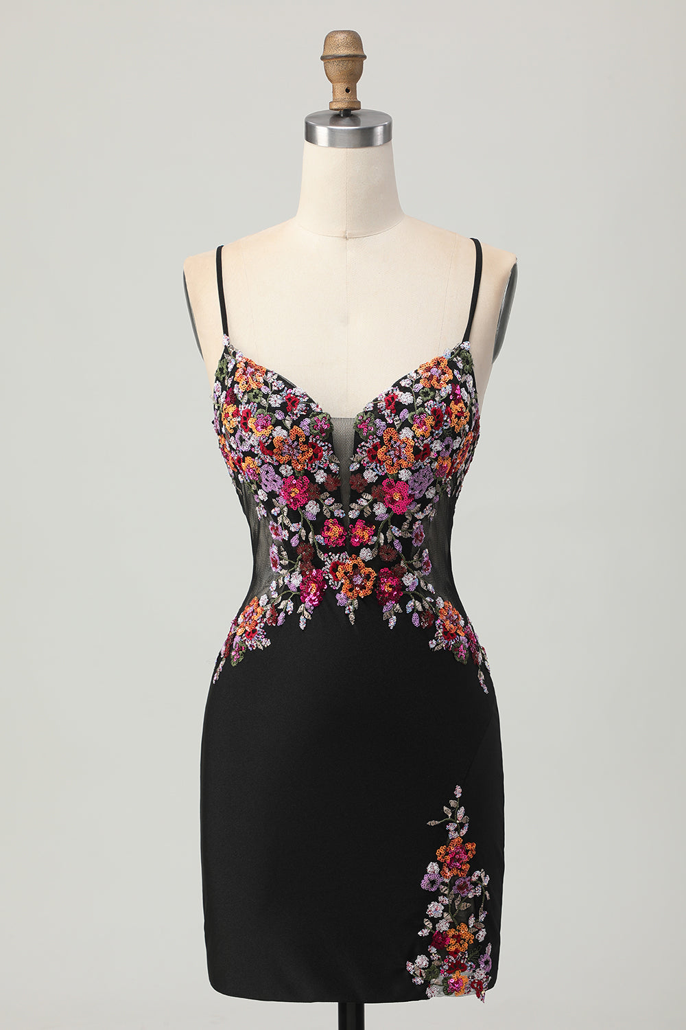Svart Bodycon Blomma Spaghetti Remmar Mini Homecoming Klänning