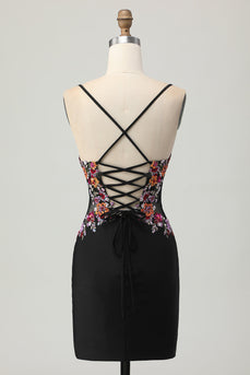 Svart Bodycon Blomma Spaghetti Remmar Mini Homecoming Klänning