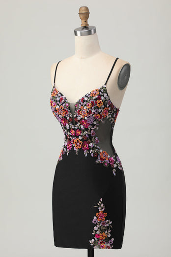 Svart Bodycon Blomma Spaghetti Remmar Mini Homecoming Klänning