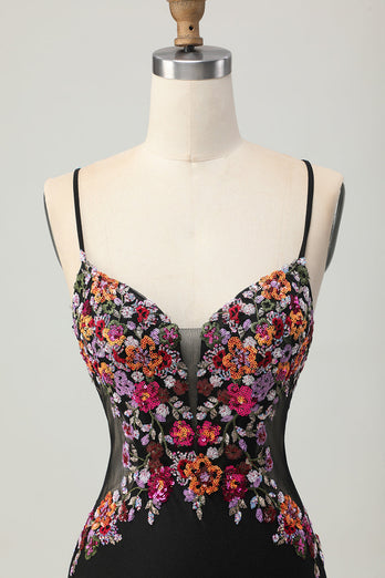 Svart Bodycon Blomma Spaghetti Remmar Mini Homecoming Klänning