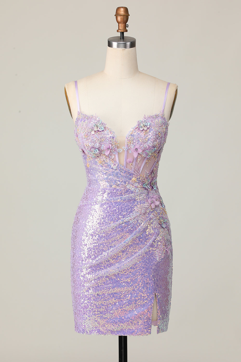Glittrande Lila Bodycon Korsett Paljetter Homecoming Klänning med 3D Blommor