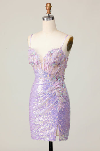 Glittrande Lila Bodycon Korsett Paljetter Homecoming Klänning med 3D Blommor