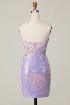 Glittrande Lila Bodycon Korsett Paljetter Homecoming Klänning med 3D Blommor