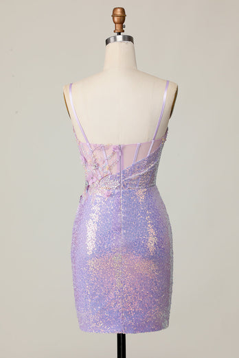 Glittrande Lila Bodycon Korsett Paljetter Homecoming Klänning med 3D Blommor