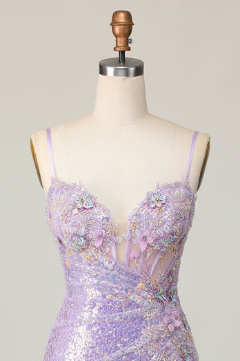 Glittrande Lila Bodycon Korsett Paljetter Homecoming Klänning med 3D Blommor