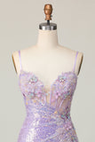 Glittrande Lila Bodycon Korsett Paljetter Homecoming Klänning med 3D Blommor