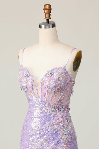 Glittrande Lila Bodycon Korsett Paljetter Homecoming Klänning med 3D Blommor