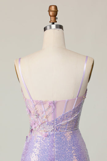 Glittrande Lila Bodycon Korsett Paljetter Homecoming Klänning med 3D Blommor