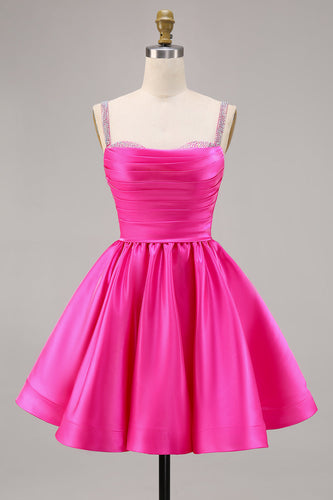 Fuchsia Satin A Line Kort Homecoming Klänning med Beading