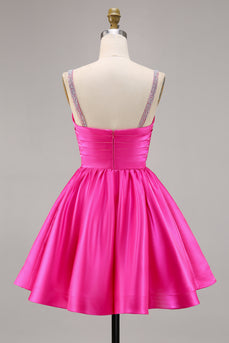 Fuchsia Satin A Line Kort Homecoming Klänning med Beading