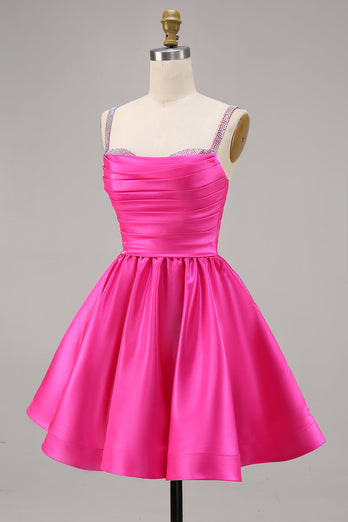 Fuchsia Satin A Line Kort Homecoming Klänning med Beading
