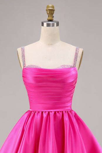 Fuchsia Satin A Line Kort Homecoming Klänning med Beading