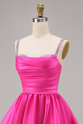 Fuchsia Satin A Line Kort Homecoming Klänning med Beading