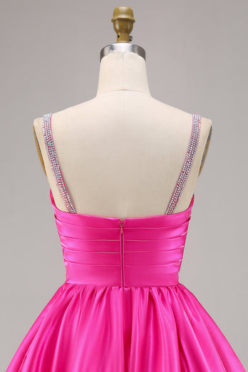 Fuchsia Satin A Line Kort Homecoming Klänning med Beading