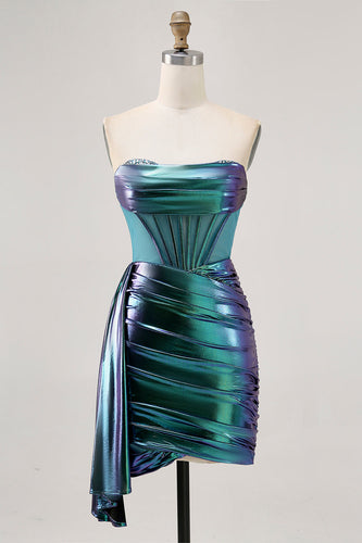 Metallic Grön Korsett Rynkad Bodycon Kort Homecoming Klänning
