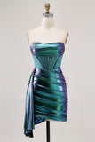 Metallic Grön Korsett Rynkad Bodycon Kort Homecoming Klänning
