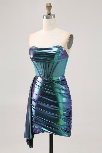 Metallic Grön Korsett Rynkad Bodycon Kort Homecoming Klänning