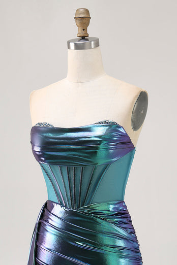 Metallic Grön Korsett Rynkad Bodycon Kort Homecoming Klänning