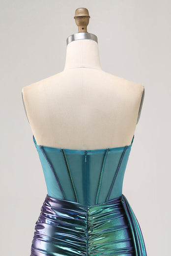Metallic Grön Korsett Rynkad Bodycon Kort Homecoming Klänning