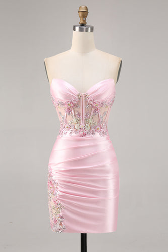 Godis Rosa Satin Bodycon Kort Korsett Homecoming Klänning med Applique