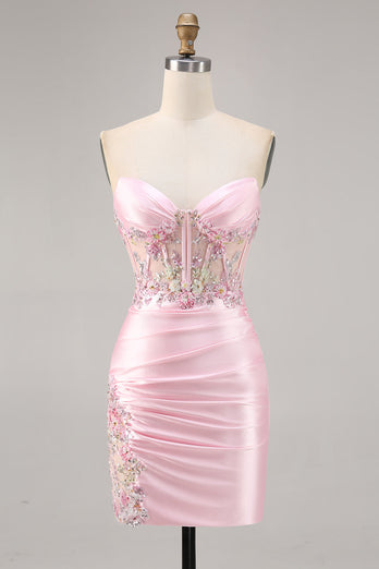 Godis Rosa Satin Bodycon Kort Korsett Homecoming Klänning med Applique