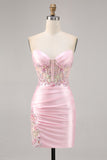 Godis Rosa Satin Bodycon Kort Korsett Homecoming Klänning med Applique