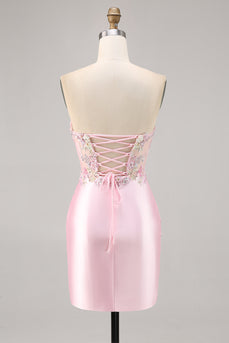 Godis Rosa Satin Bodycon Kort Korsett Homecoming Klänning med Applique
