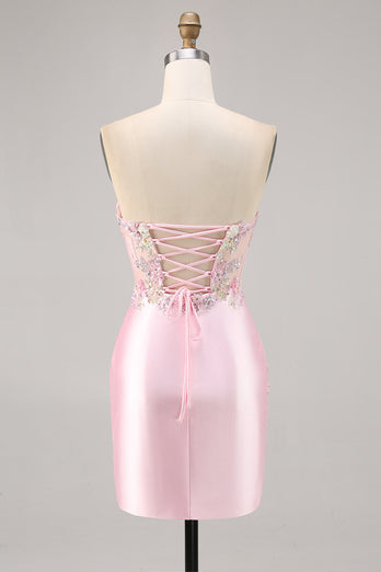 Godis Rosa Satin Bodycon Kort Korsett Homecoming Klänning med Applique