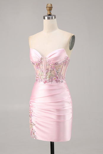 Godis Rosa Satin Bodycon Kort Korsett Homecoming Klänning med Applique