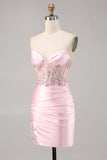 Godis Rosa Satin Bodycon Kort Korsett Homecoming Klänning med Applique