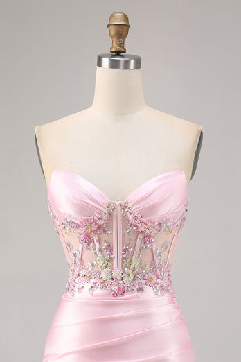 Godis Rosa Satin Bodycon Kort Korsett Homecoming Klänning med Applique