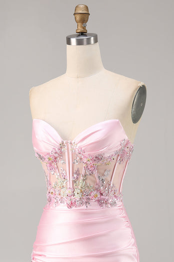 Godis Rosa Satin Bodycon Kort Korsett Homecoming Klänning med Applique