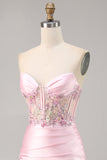 Godis Rosa Satin Bodycon Kort Korsett Homecoming Klänning med Applique
