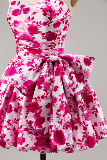 Blommig Fuchsia Axelbandslös A Line Homecoming Klänning med rosett