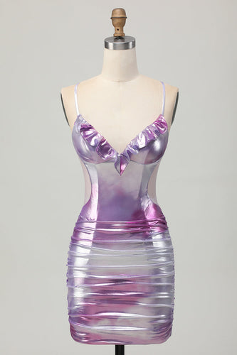 Silver Lila Bodycon Volang V-ringad Homecoming Klänning