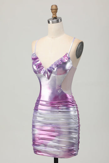 Silver Lila Bodycon Volang V-ringad Homecoming Klänning