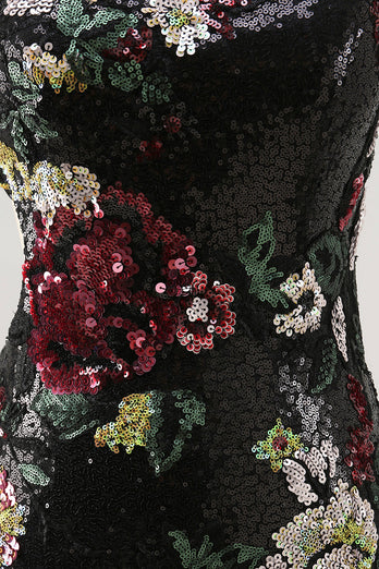 Svart Blomma Bodycon Paljett Ena Axeln Homecoming Klänning