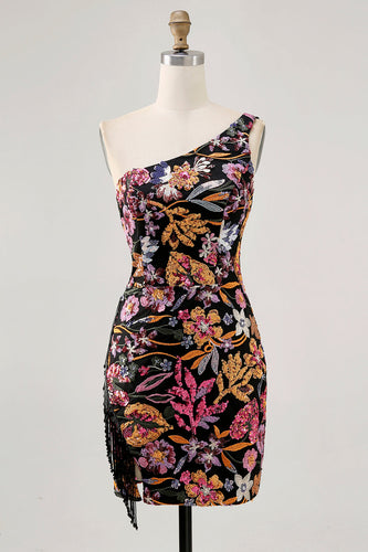 Svart Blomma Bodycon Ena Axeln Broderi Homecoming Klänning