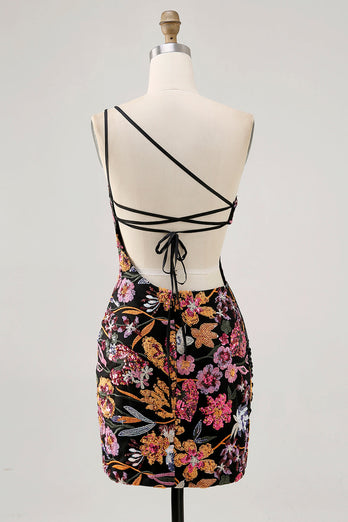 Svart Blomma Bodycon Ena Axeln Broderi Homecoming Klänning