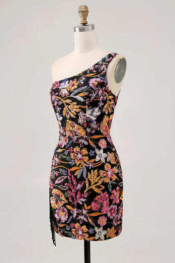 Svart Blomma Bodycon Ena Axeln Broderi Homecoming Klänning