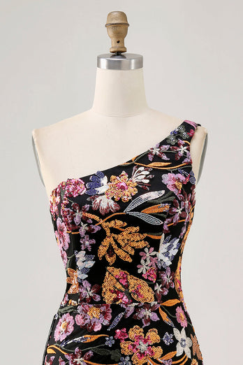 Svart Blomma Bodycon Ena Axeln Broderi Homecoming Klänning