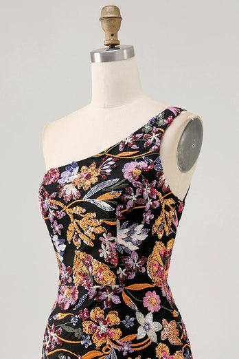 Svart Blomma Bodycon Ena Axeln Broderi Homecoming Klänning