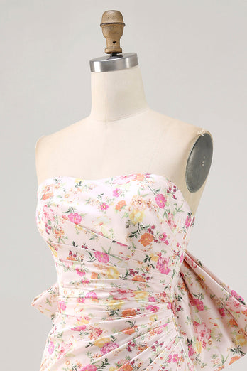 Rosa Blomma Axelbandslös Bodycon Rynkad Homecoming Klänning