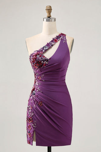 Mörklila One Shoulder Bodycon Homecoming Klänning med applikationer