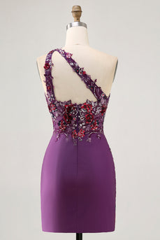 Mörklila One Shoulder Bodycon Homecoming Klänning med applikationer