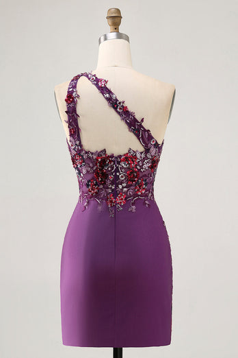 Mörklila One Shoulder Bodycon Homecoming Klänning med applikationer